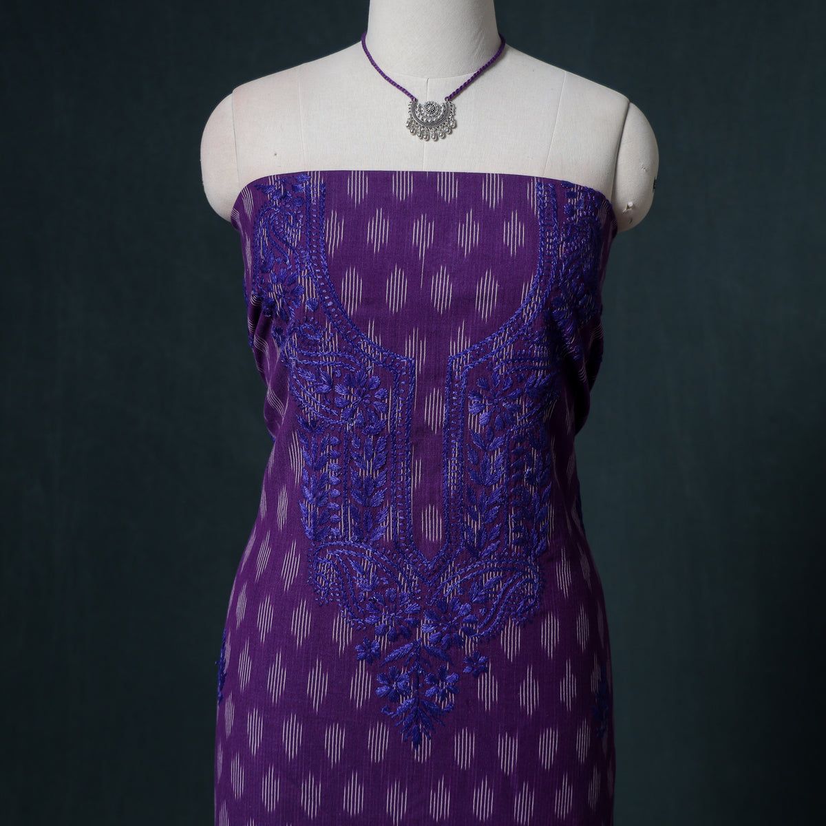 Lucknowi Chikankari Hand Work Unstitched Dress Material: Kurta & Dupatta with Jewellery 53