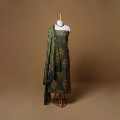 Woolen Ajrakh Hand Block Print Unstitched Dress Material: Kurta, Bottom with Dupatta 36