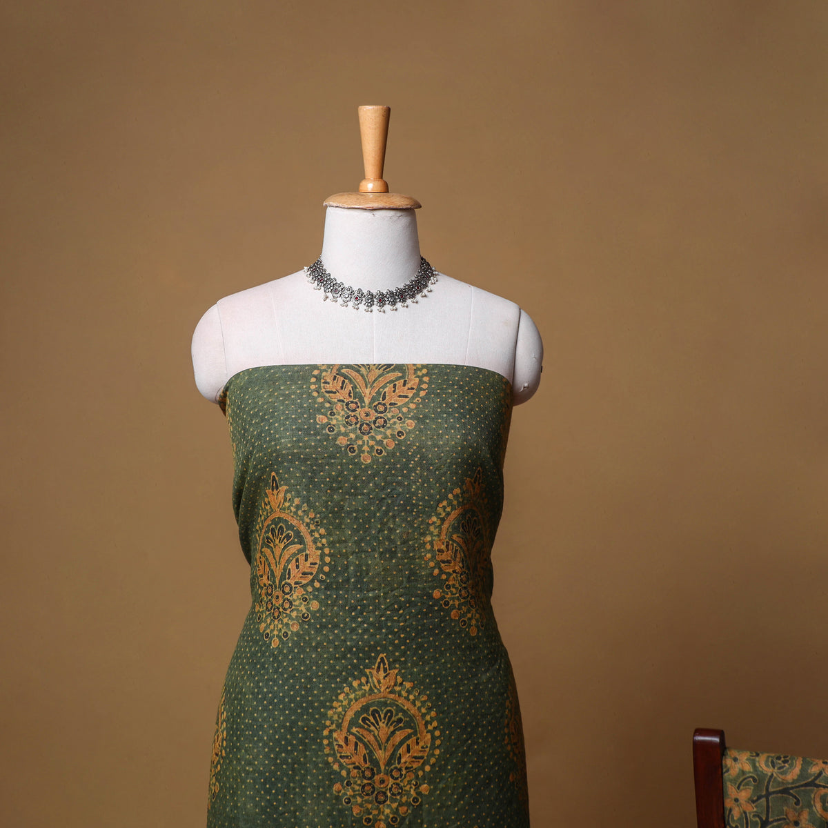 Woolen Ajrakh Hand Block Print Unstitched Dress Material: Kurta, Bottom with Dupatta 36