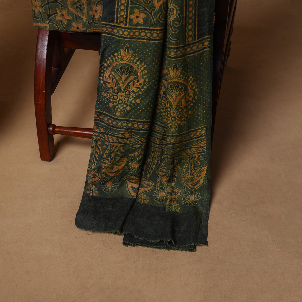 Woolen Ajrakh Hand Block Print Unstitched Dress Material: Kurta, Bottom with Dupatta 36