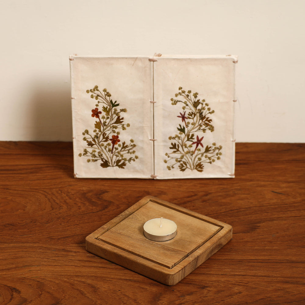 Flower Art Work Candle Shade with Wooden Base