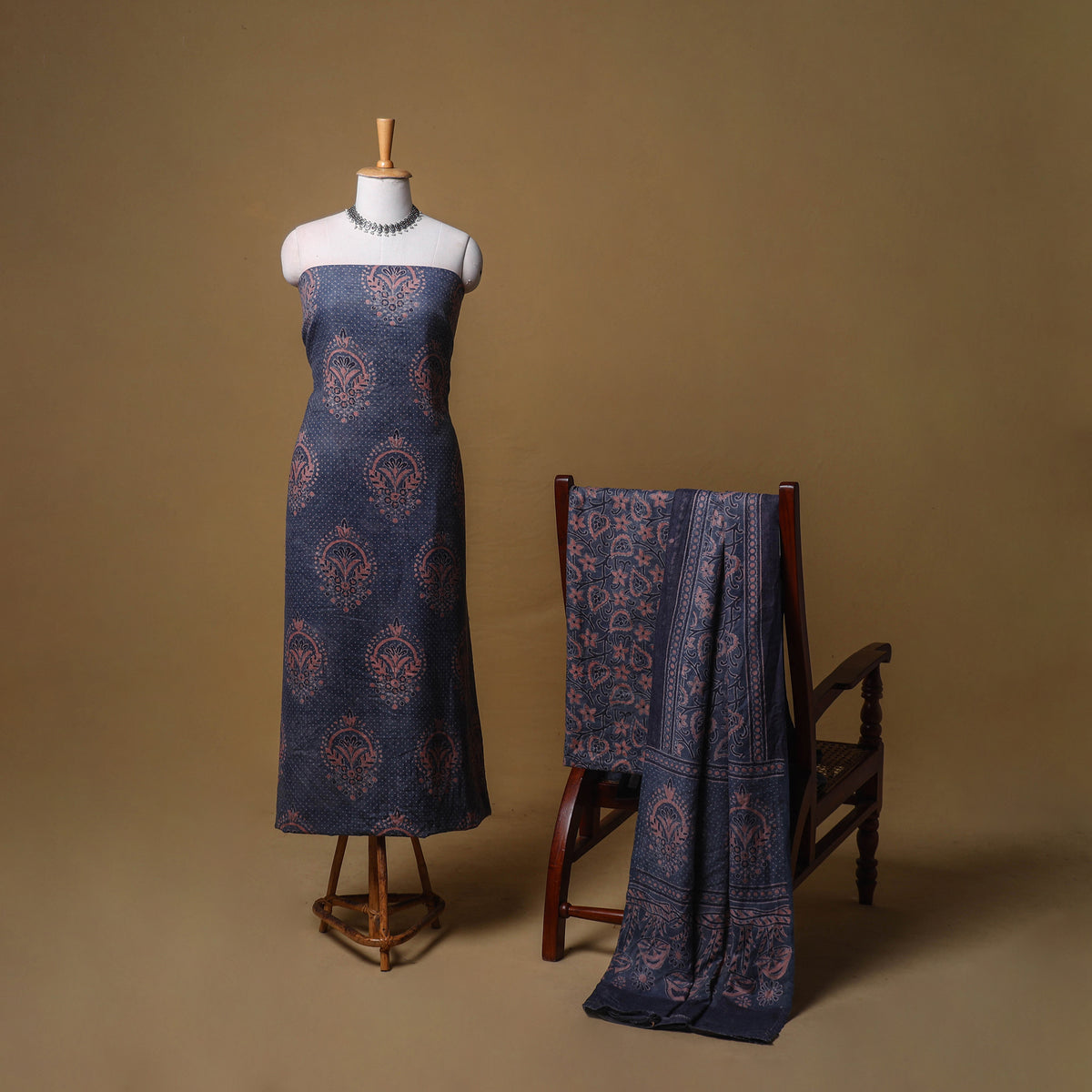 Woolen Ajrakh Hand Block Print Unstitched Dress Material: Kurta, Bottom with Dupatta 37