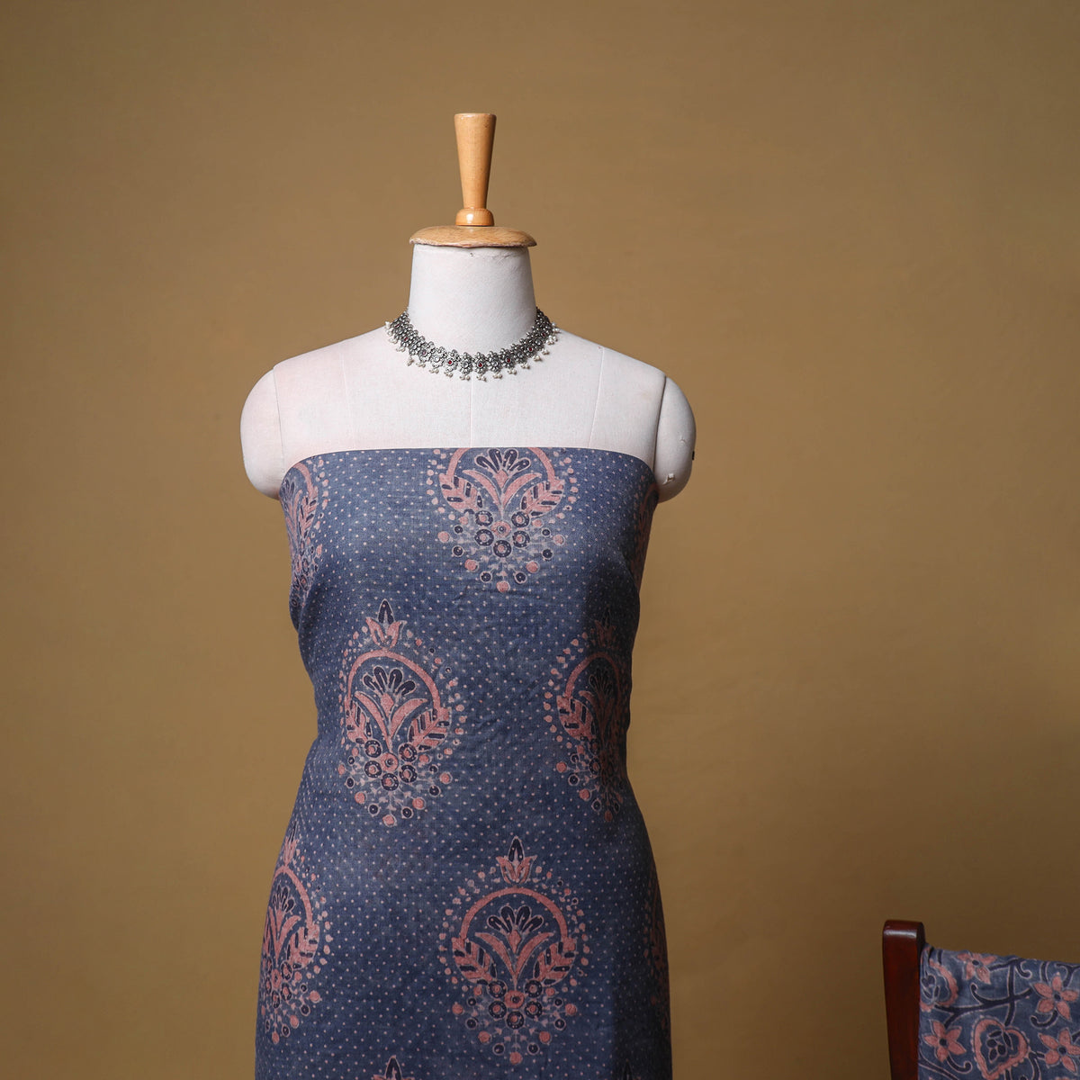 Woolen Ajrakh Hand Block Print Unstitched Dress Material: Kurta, Bottom with Dupatta 37