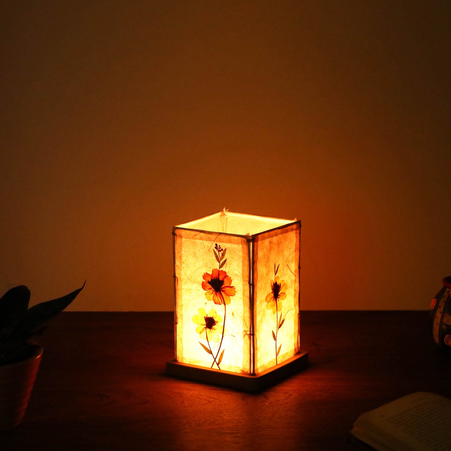 Cosmos Flower Art Work Candleshade with Wooden Base