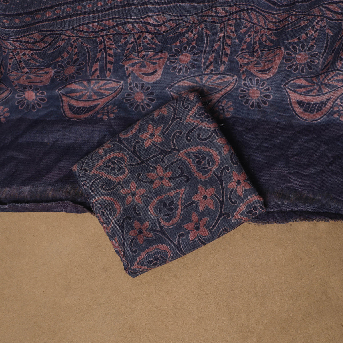 Woolen Ajrakh Hand Block Print Unstitched Dress Material: Kurta, Bottom with Dupatta 37