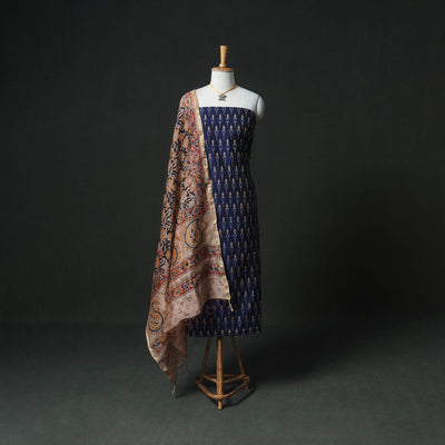 Pochampally Ikat Handloom Mercerised Cotton Unstitched Dress Material: Kurta & Dupatta with Jewellery 17