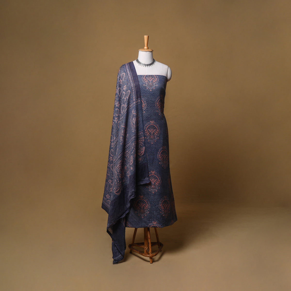 Woolen Ajrakh Hand Block Print Unstitched Dress Material: Kurta, Bottom with Dupatta 37