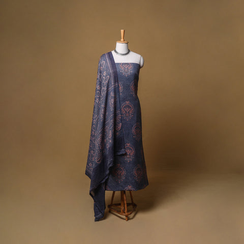 Woolen Ajrakh Hand Block Print Unstitched Dress Material: Kurta, Bottom with Dupatta 37