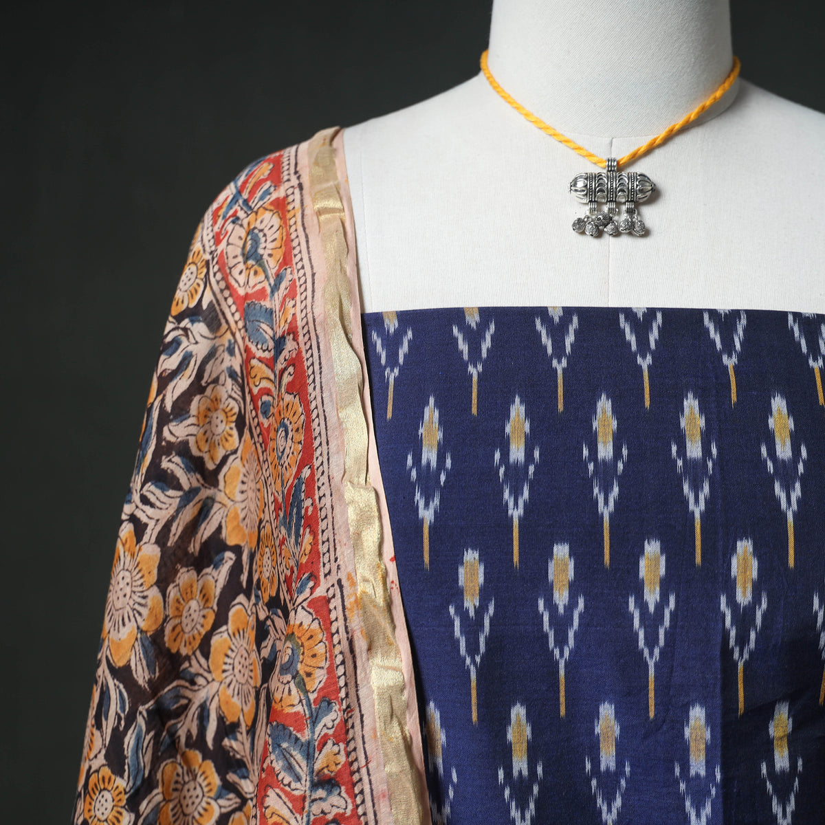 Pochampally Ikat Handloom Mercerised Cotton Unstitched Dress Material: Kurta & Dupatta with Jewellery 17