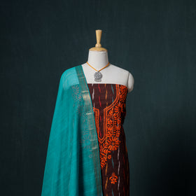 Lucknowi Chikankari Hand Work Unstitched Dress Material: Kurta & Dupatta with Jewellery 55