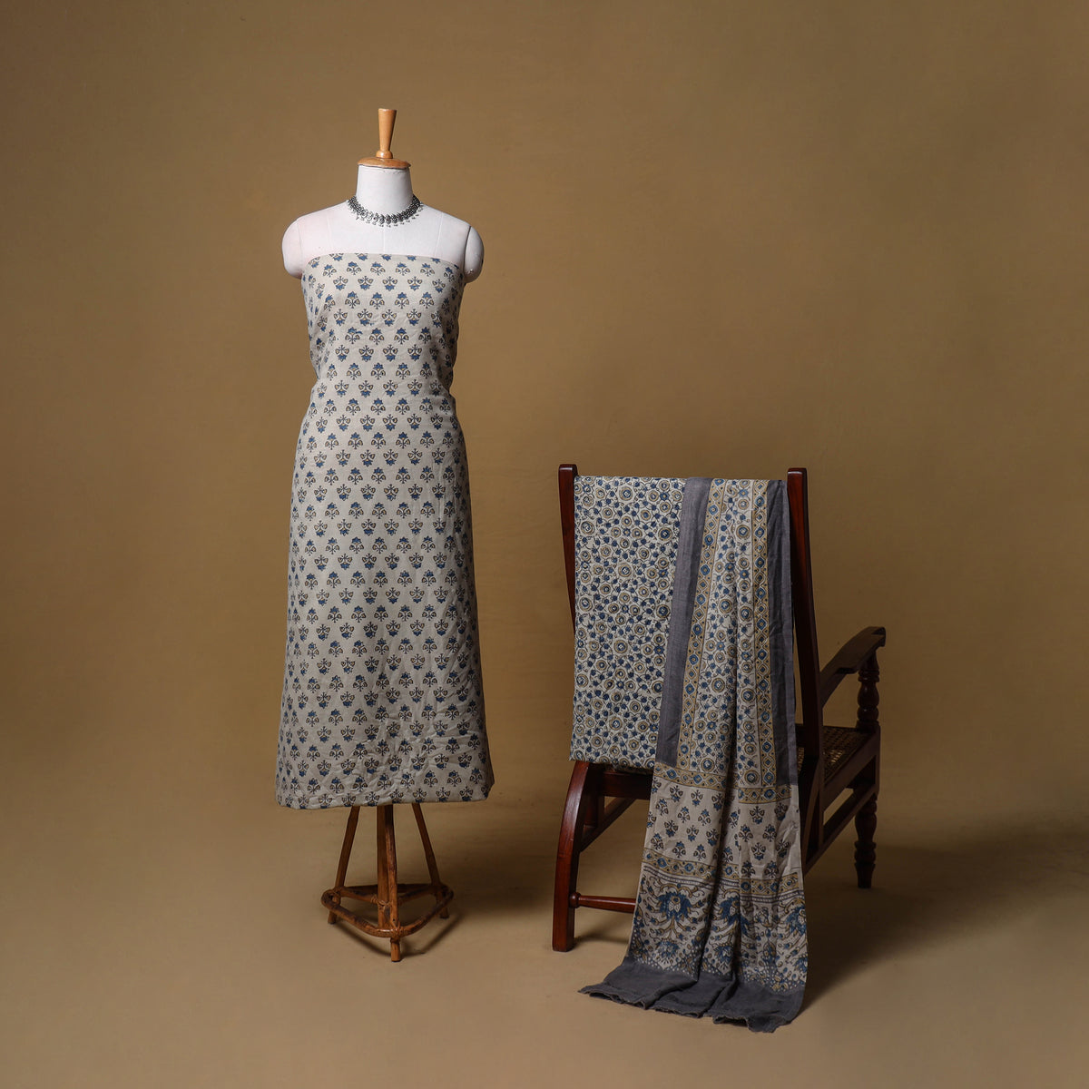 Woolen Ajrakh Hand Block Print Unstitched Dress Material: Kurta, Bottom with Dupatta 38