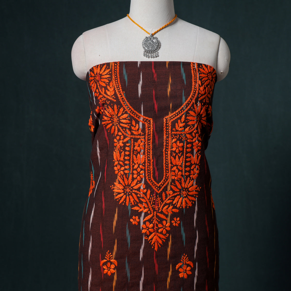 Lucknowi Chikankari Hand Work Unstitched Dress Material: Kurta & Dupatta with Jewellery 55