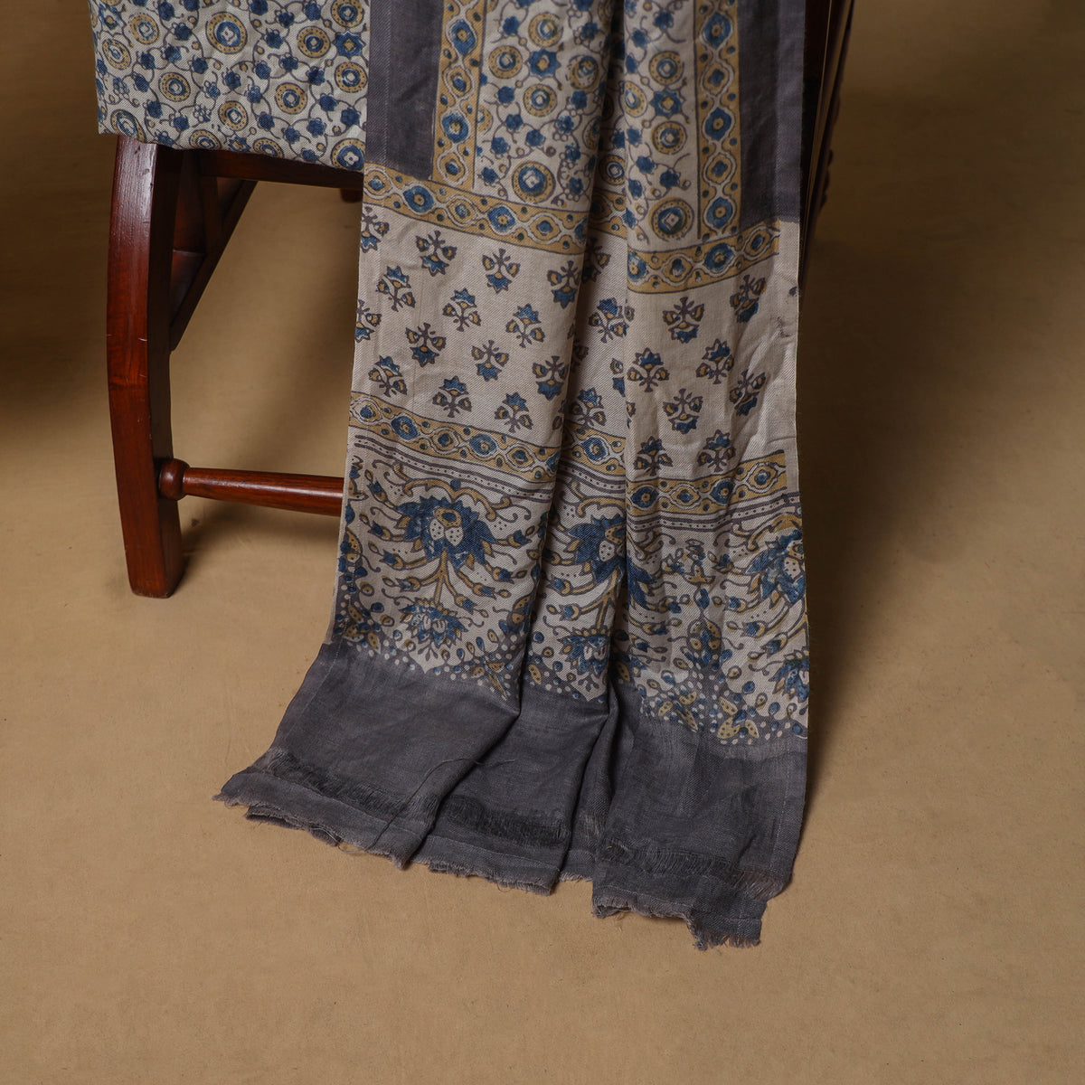 Woolen Ajrakh Hand Block Print Unstitched Dress Material: Kurta, Bottom with Dupatta 38