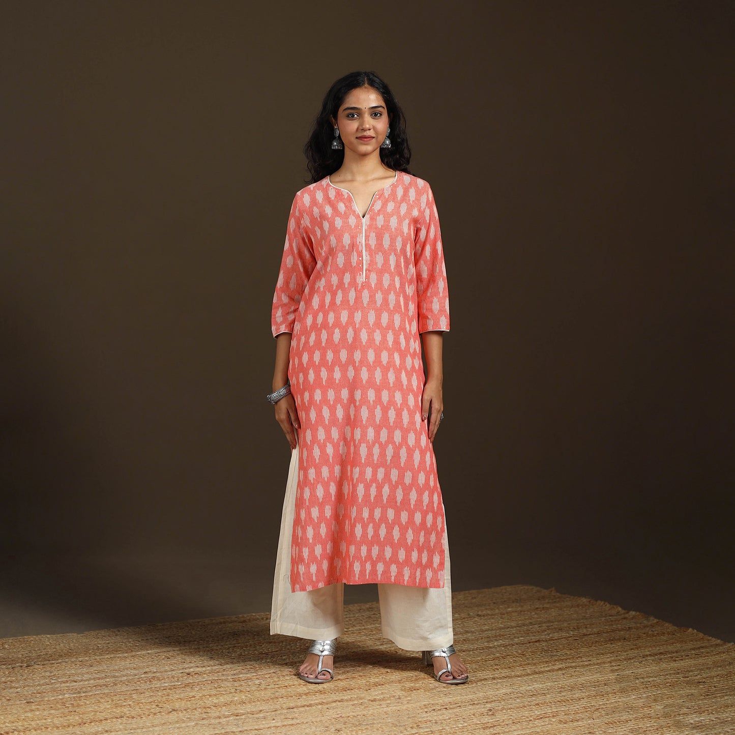Sequin Work Pochampally Ikat Cotton Straight Long Kurta for Women 30