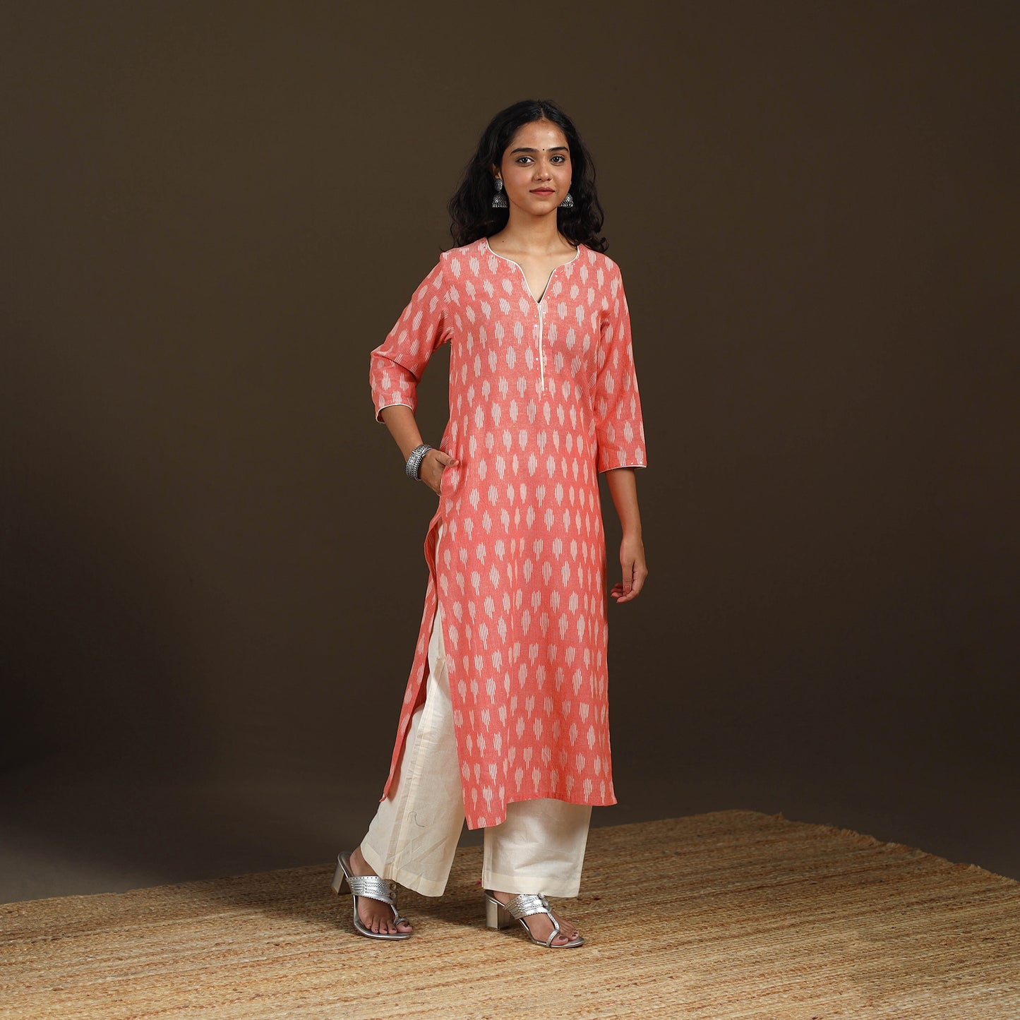 Sequin Work Pochampally Ikat Cotton Straight Long Kurta for Women 30