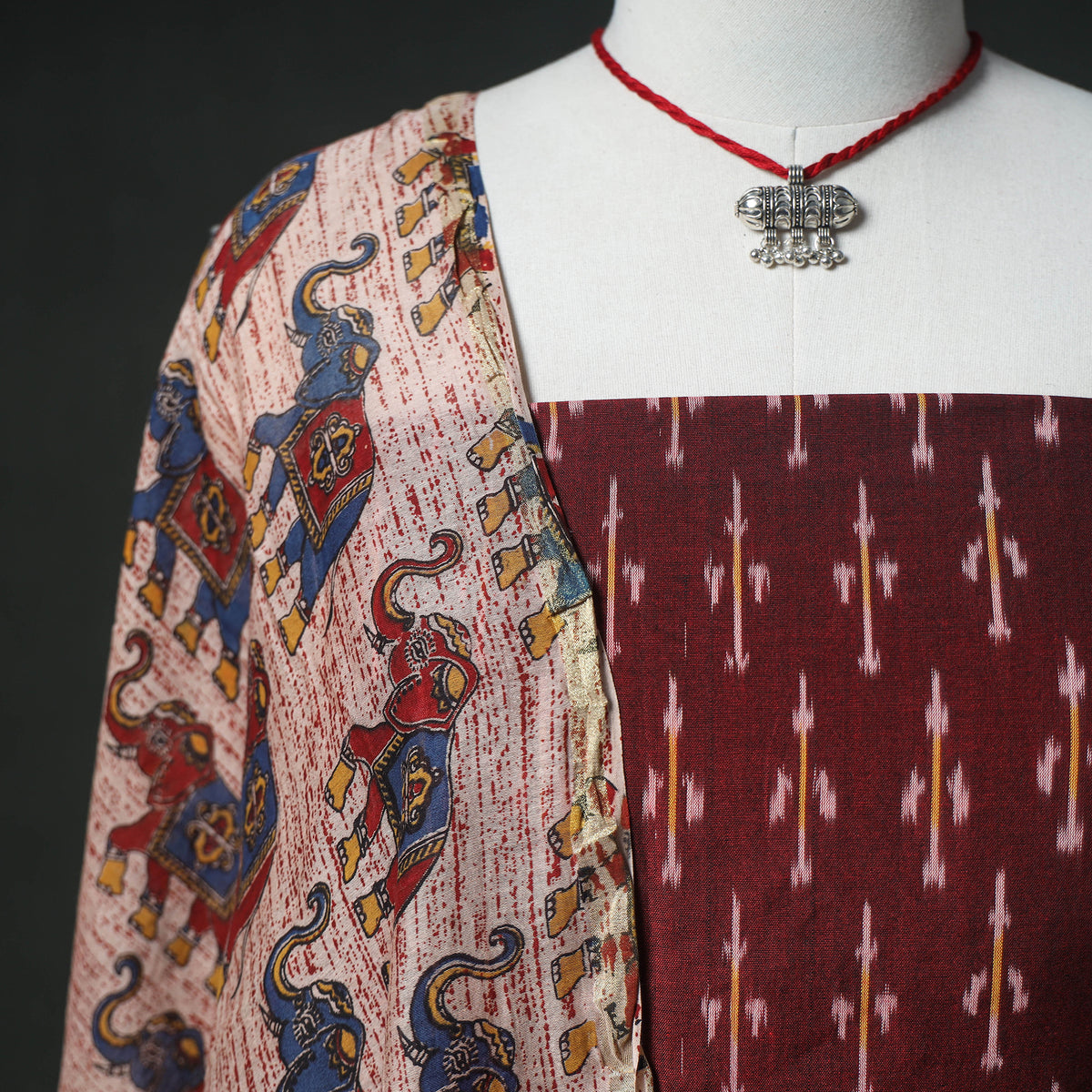 Pochampally Ikat Mercerised Cotton Unstitched Dress Material: Kurta & Dupatta with Jewellery 18