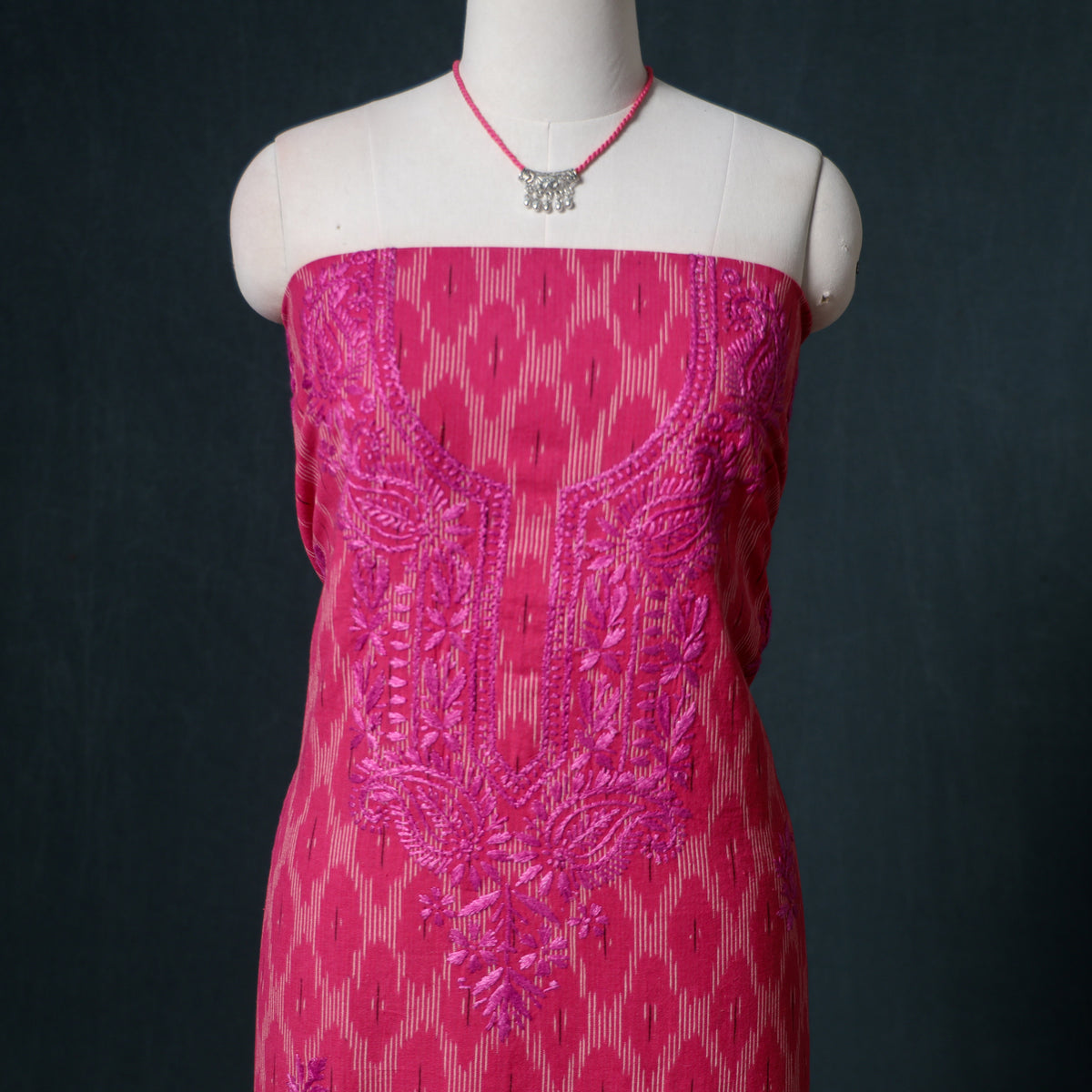 Lucknowi Chikankari Hand Work Unstitched Dress Material: Kurta & Dupatta with Jewellery 56
