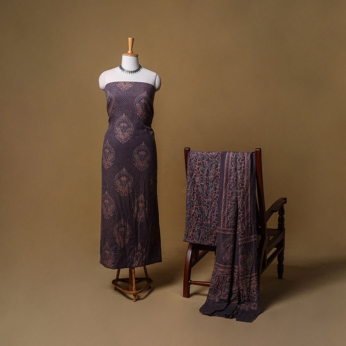 Woolen Ajrakh Hand Block Print Unstitched Dress Material: Kurta, Bottom with Dupatta 39