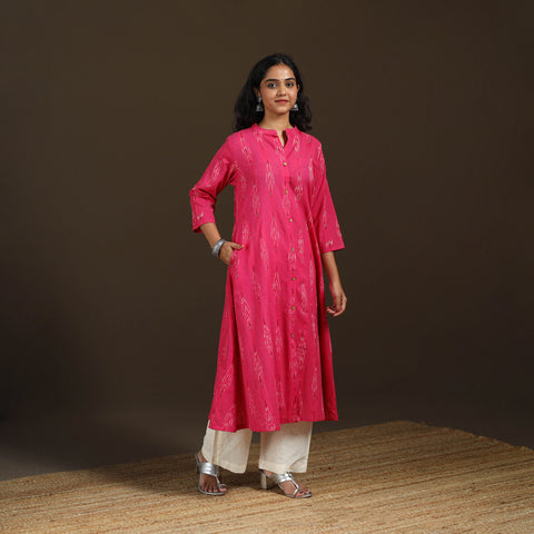 Pink - Pochampally Ikat Cotton A-Line Long Kurta for Women 05
