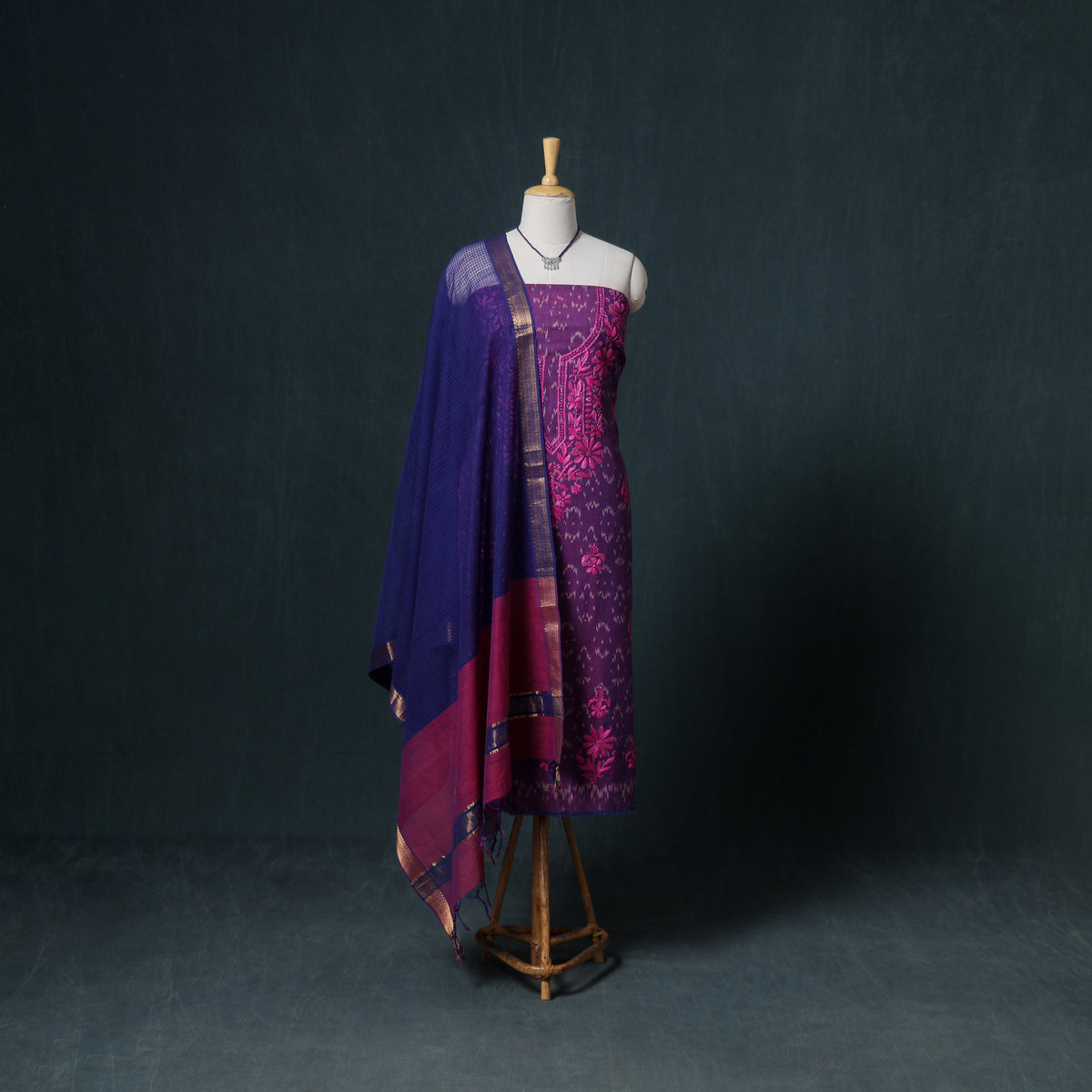 Lucknowi Chikankari Hand Work Unstitched Dress Material: Kurta & Dupatta with Jewellery 57