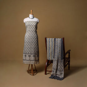 Beige - Woolen Ajrakh Hand Block Print Unstitched Dress Material: Kurta, Bottom with Dupatta 42