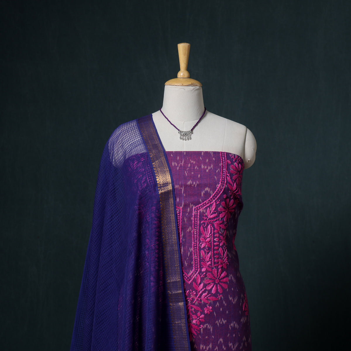 Lucknowi Chikankari Hand Work Unstitched Dress Material: Kurta & Dupatta with Jewellery 57