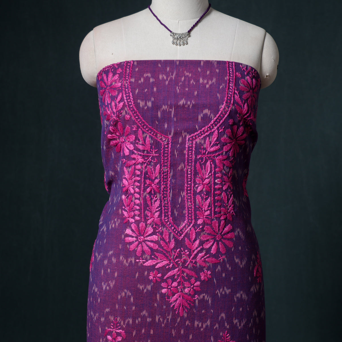 Lucknowi Chikankari Hand Work Unstitched Dress Material: Kurta & Dupatta with Jewellery 57