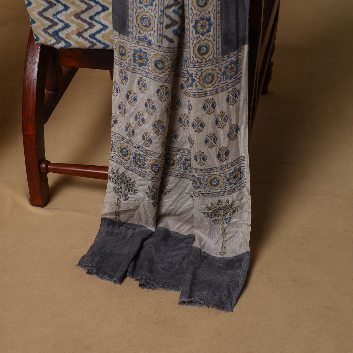 Beige - Woolen Ajrakh Hand Block Print Unstitched Dress Material: Kurta, Bottom with Dupatta 42