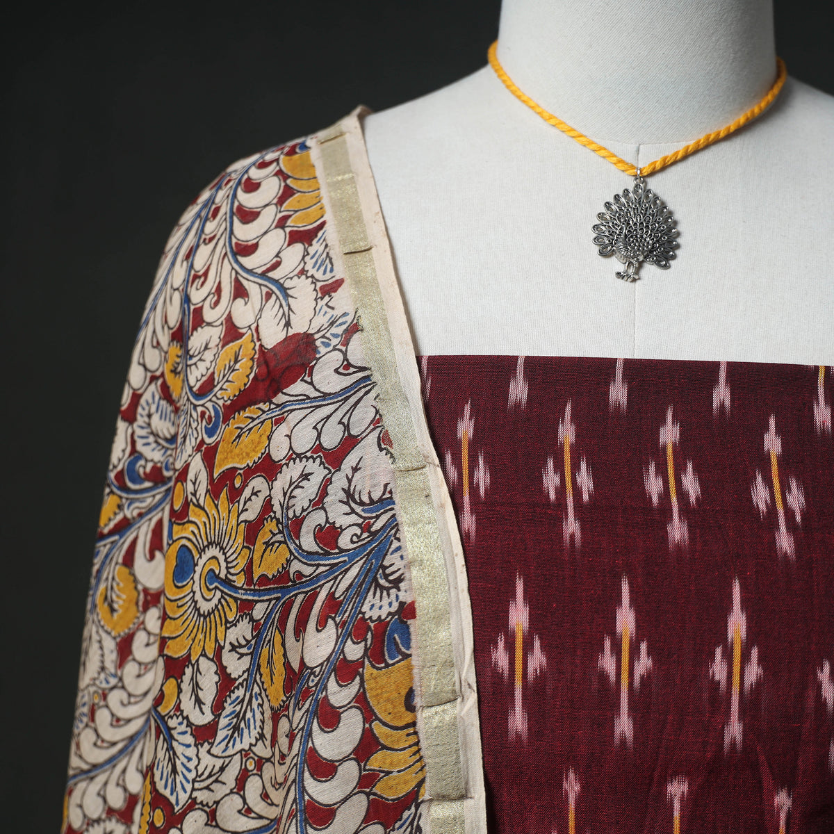 Pochampally Ikat Mercerised Cotton Unstitched Dress Material: Kurta & Dupatta with Jewellery 20