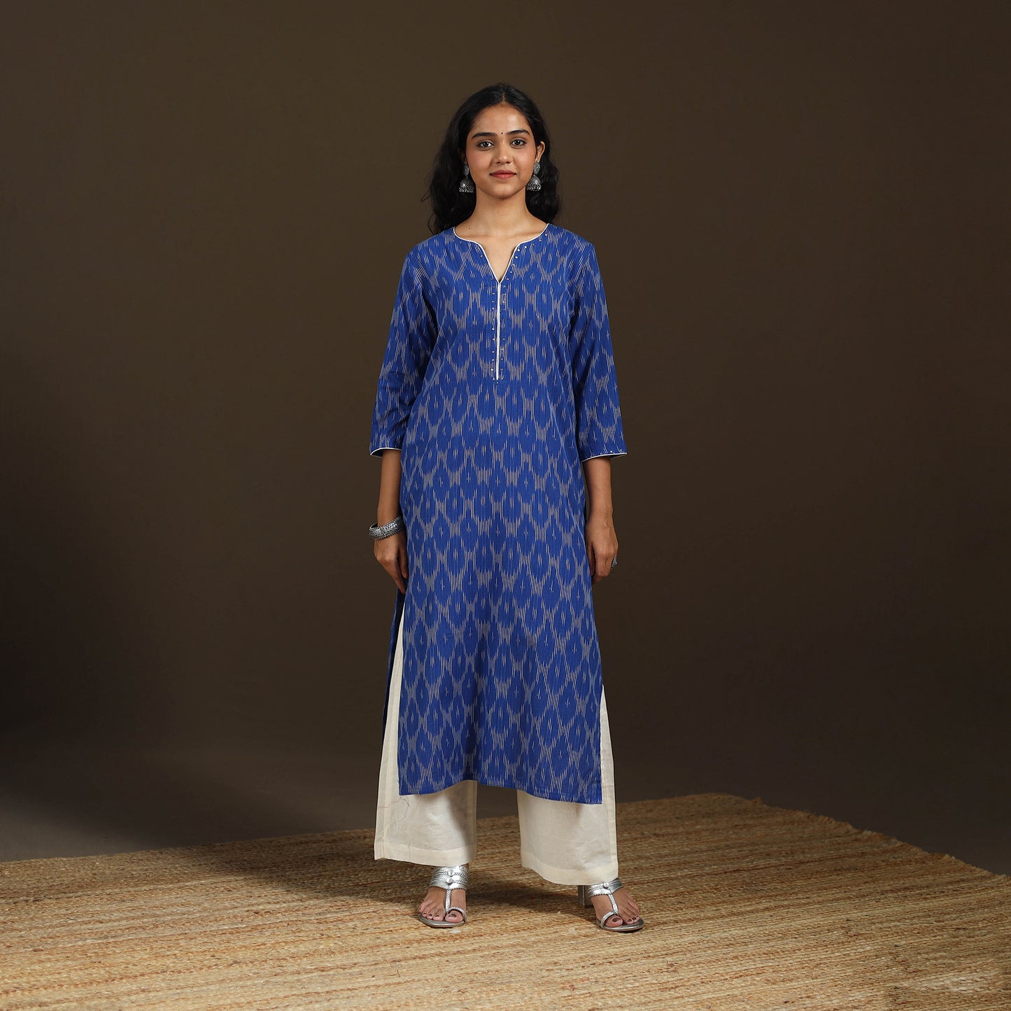 Sequin Work Pochampally Ikat Cotton Straight Long Kurta for Women 28