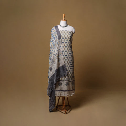 Woolen Ajrakh Hand Block Print Unstitched Dress Material: Kurta, Bottom with Dupatta 42