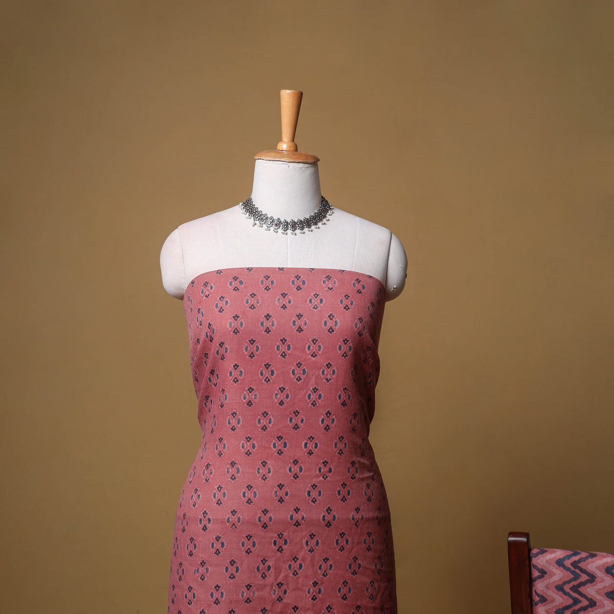 Woolen Ajrakh Hand Block Print Unstitched Dress Material: Kurta, Bottom with Dupatta 43