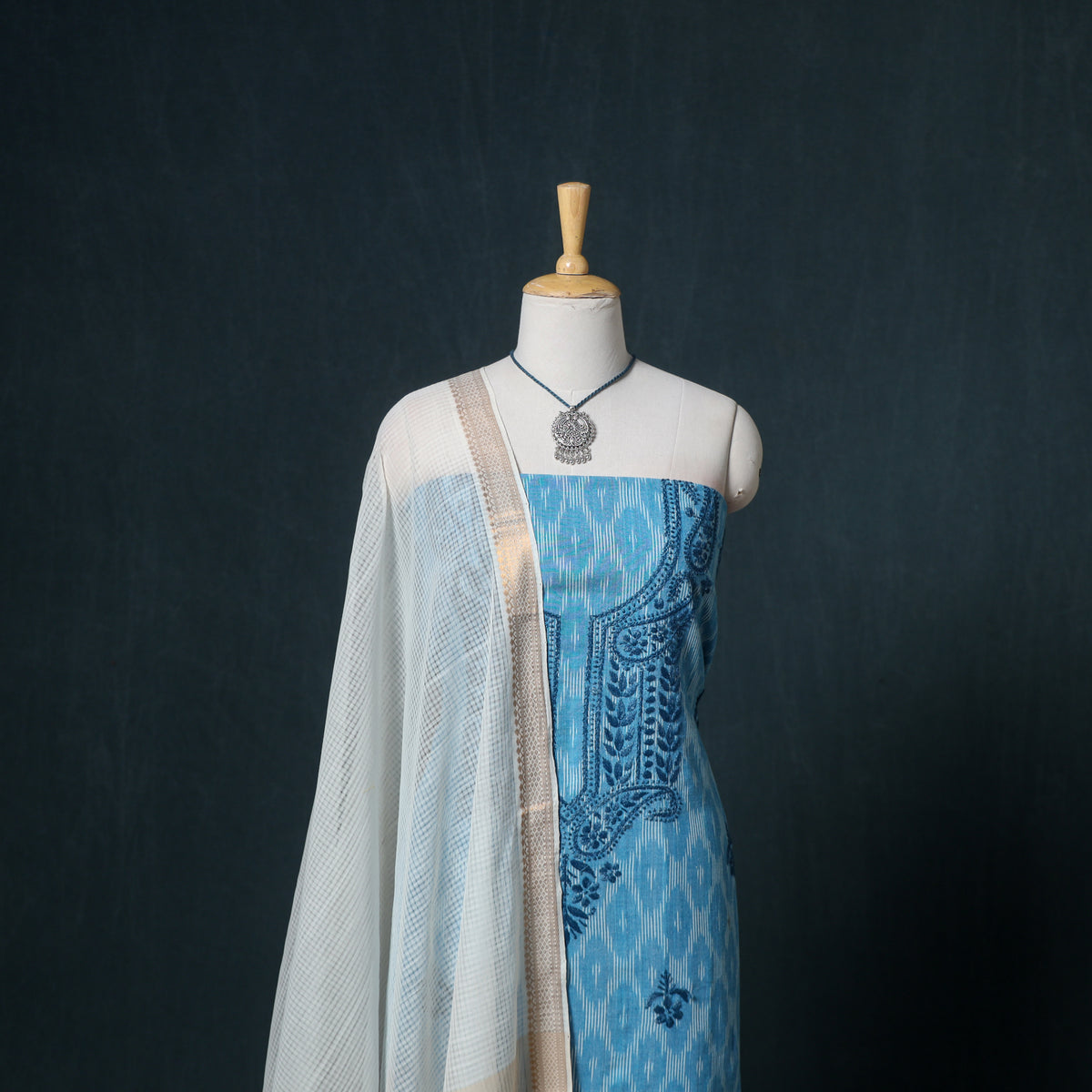 Lucknowi Chikankari Hand Work Unstitched Dress Material: Kurta & Dupatta with Jewellery 58
