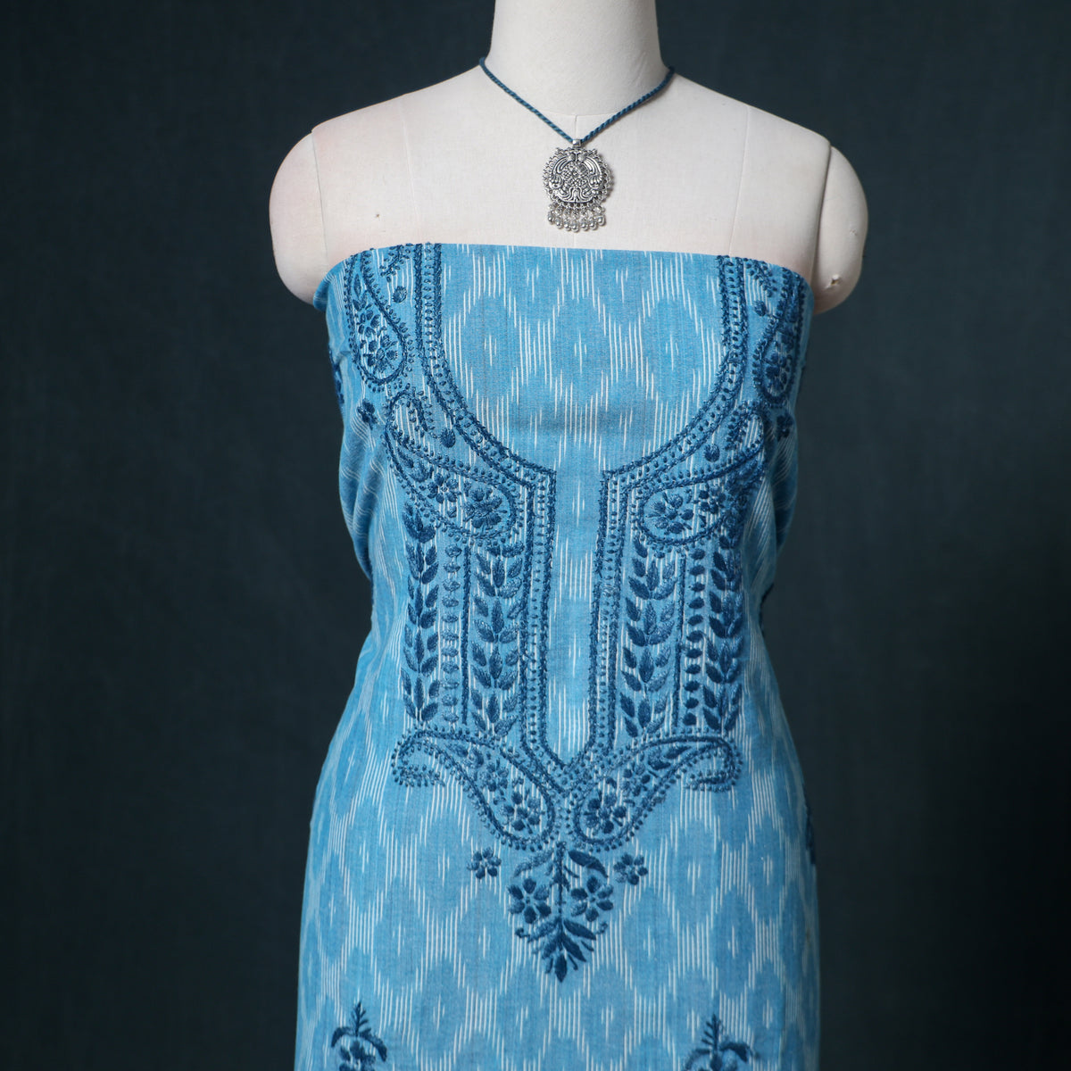 Lucknowi Chikankari Hand Work Unstitched Dress Material: Kurta & Dupatta with Jewellery 58
