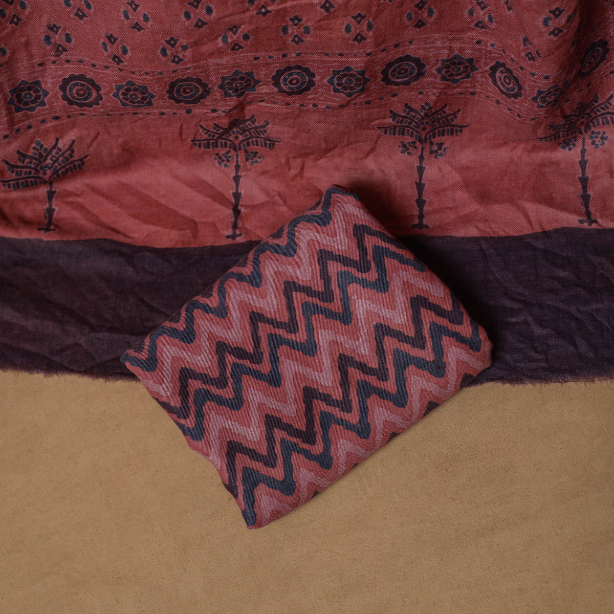 Woolen Ajrakh Hand Block Print Unstitched Dress Material: Kurta, Bottom with Dupatta 43