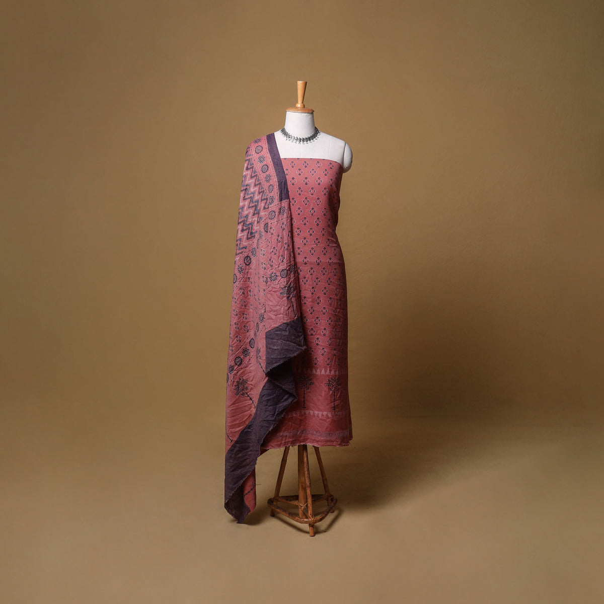 Woolen Ajrakh Hand Block Print Unstitched Dress Material: Kurta, Bottom with Dupatta 43