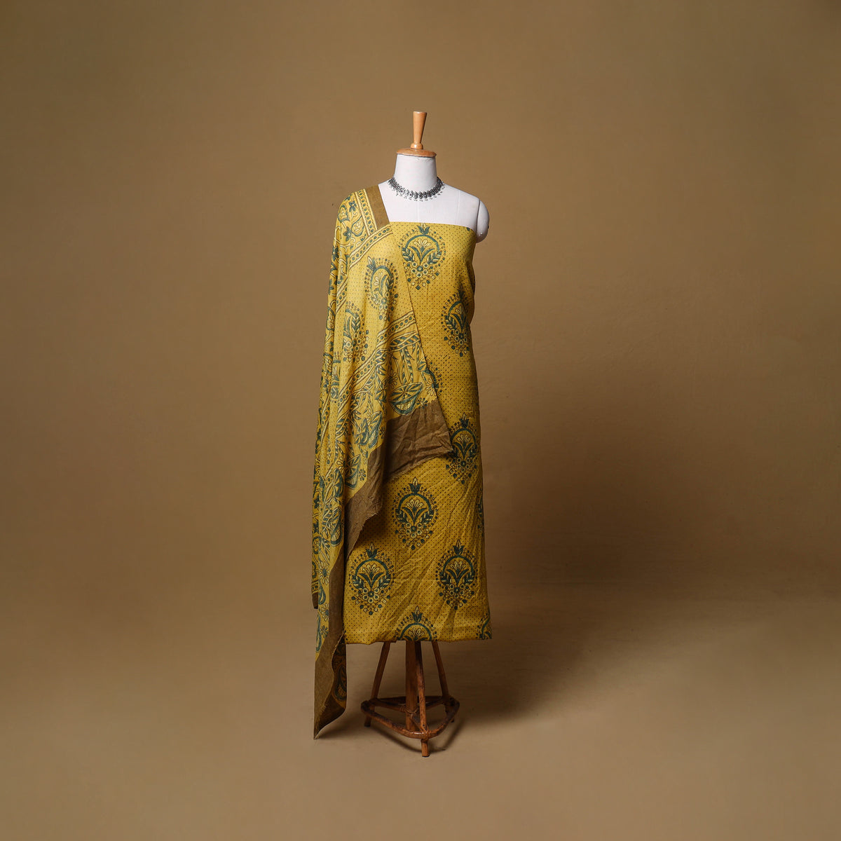 Woolen Ajrakh Hand Block Print Unstitched Dress Material: Kurta, Bottom with Dupatta 40