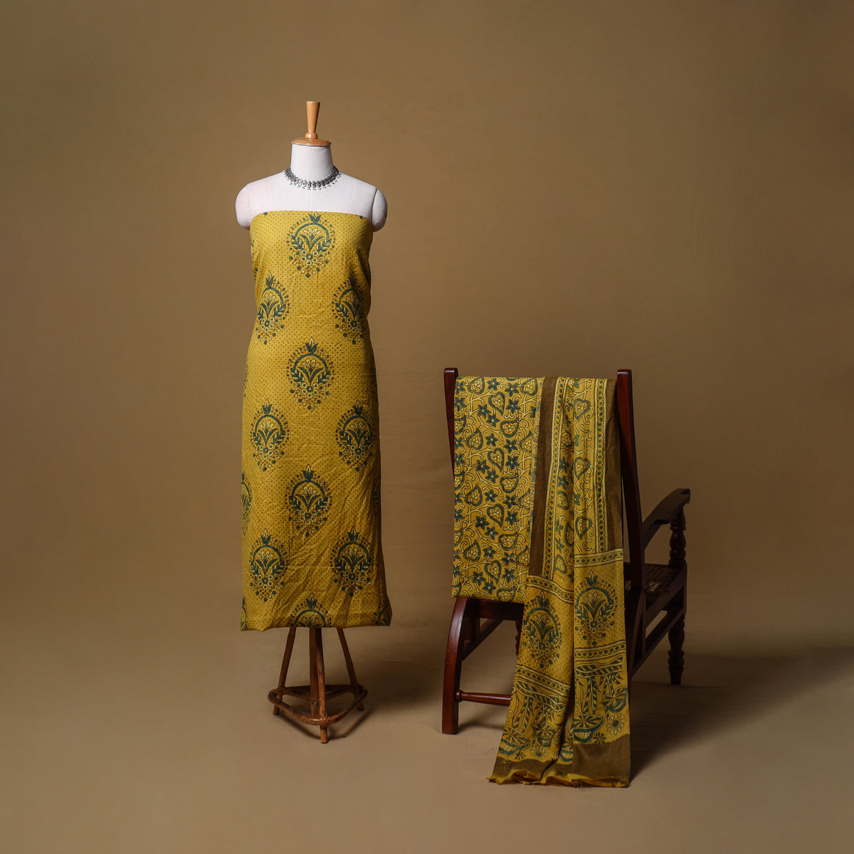 Woolen Ajrakh Hand Block Print Unstitched Dress Material: Kurta, Bottom with Dupatta 40