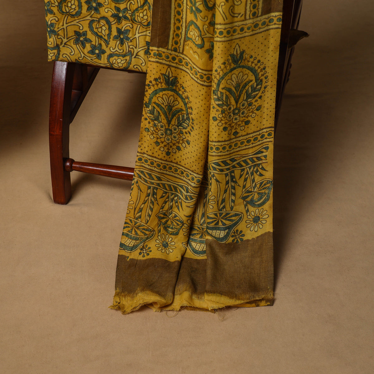 Woolen Ajrakh Hand Block Print Unstitched Dress Material: Kurta, Bottom with Dupatta 40