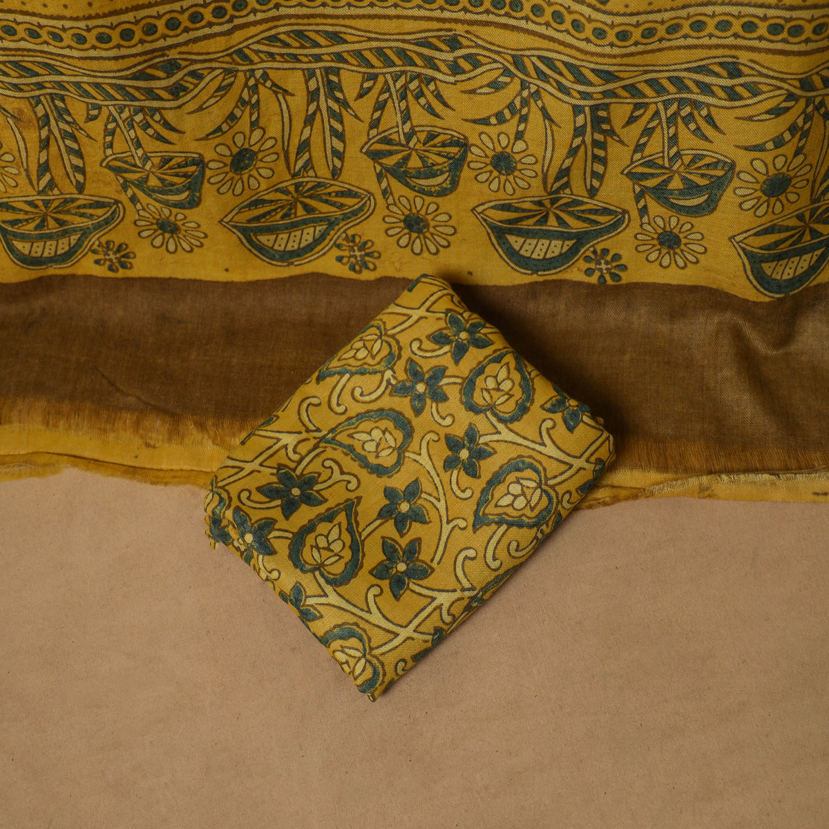 Woolen Ajrakh Hand Block Print Unstitched Dress Material: Kurta, Bottom with Dupatta 40