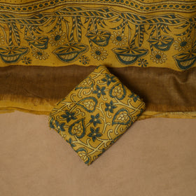 Woolen Ajrakh Hand Block Print Unstitched Dress Material: Kurta, Bottom with Dupatta 40