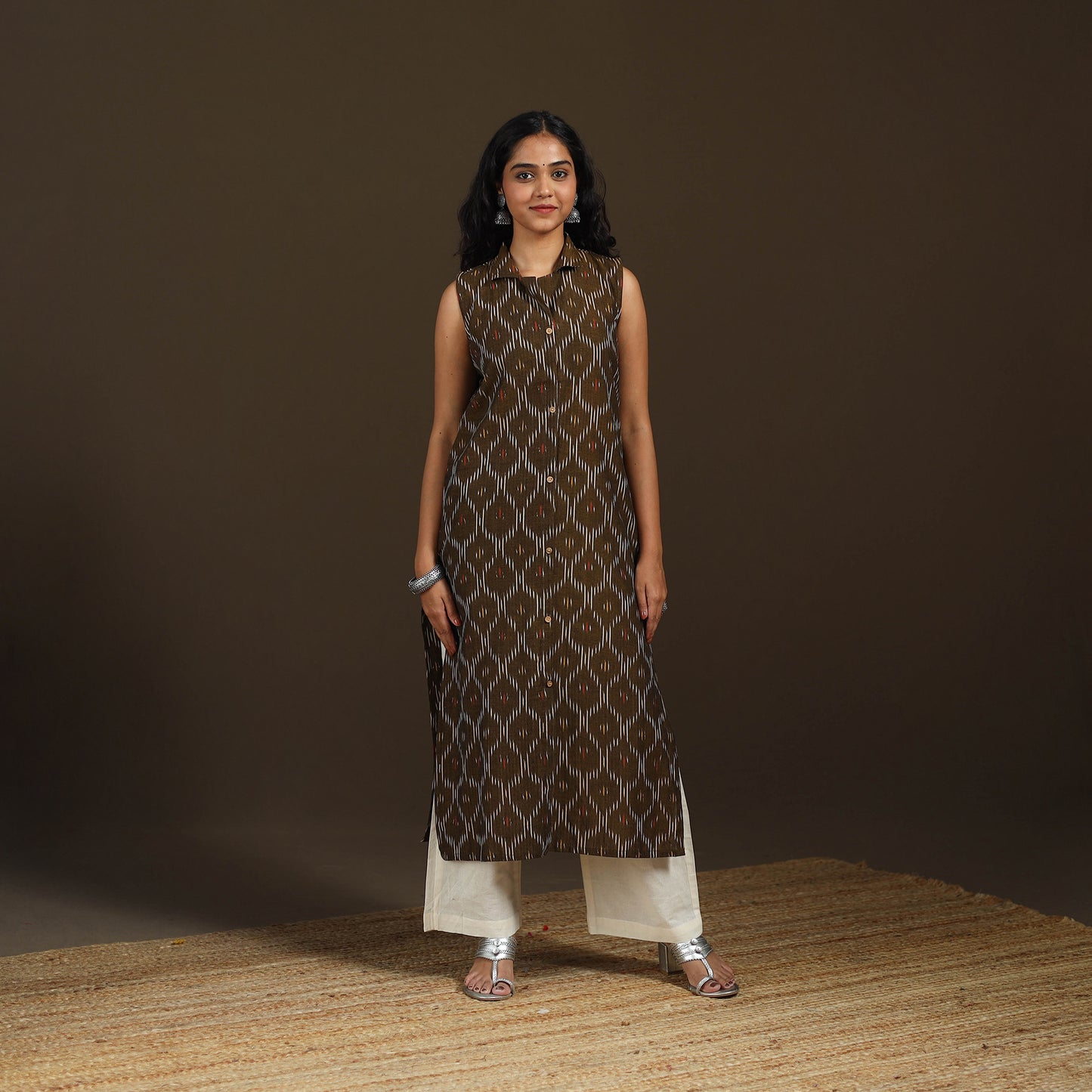 Pochampally Ikat Cotton Sleeveless Straight Long Kurta for Women 48
