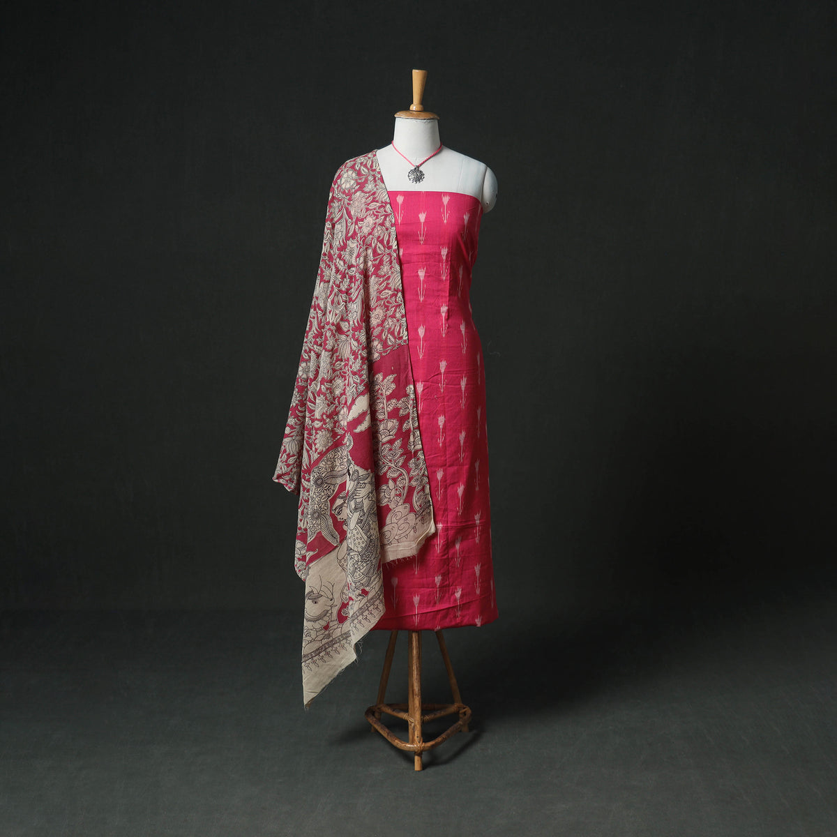 Pochampally Ikat Cotton Unstitched Dress Material: Kurta & Dupatta with Jewellery 23