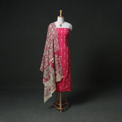 Pochampally Ikat Cotton Unstitched Dress Material: Kurta & Dupatta with Jewellery 23
