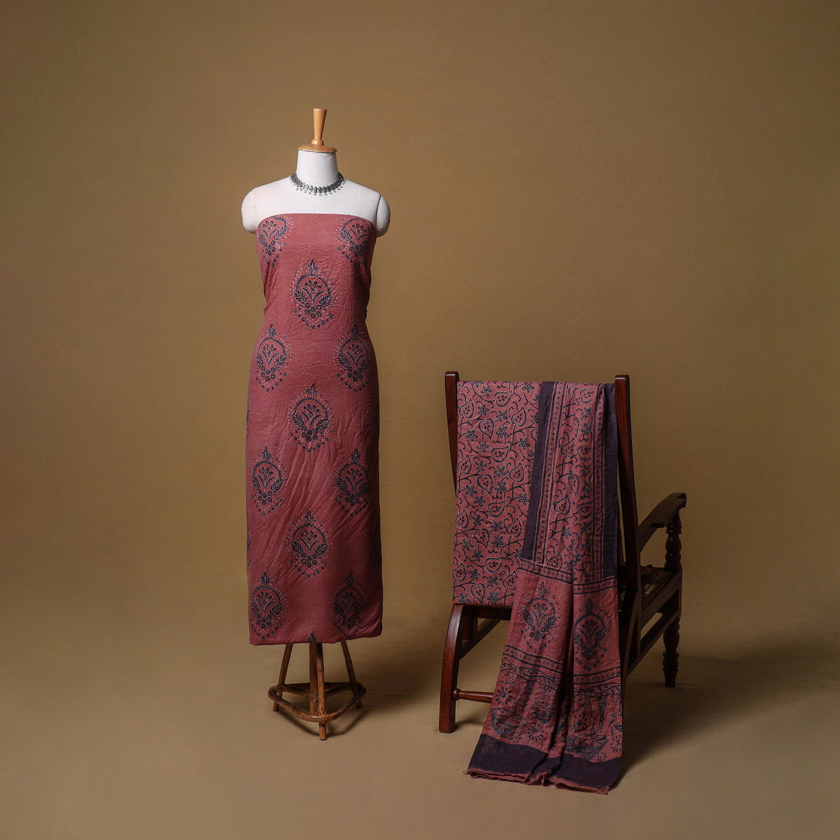 Woolen Ajrakh Hand Block Print Unstitched Dress Material: Kurta, Bottom with Dupatta 41