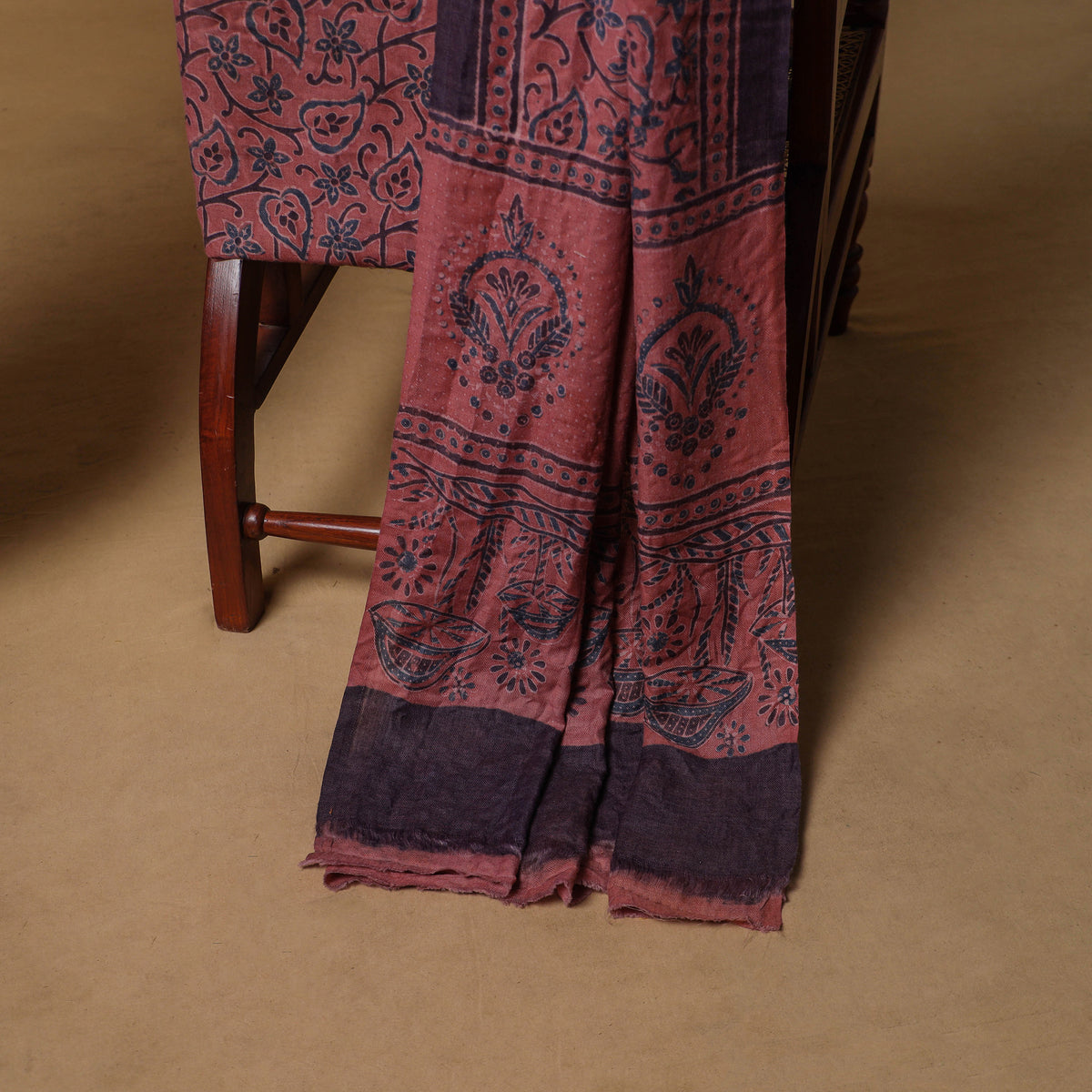 Woolen Ajrakh Hand Block Print Unstitched Dress Material: Kurta, Bottom with Dupatta 41