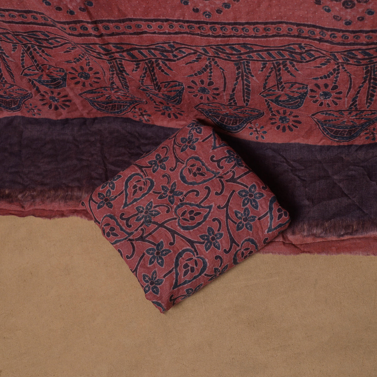 Woolen Ajrakh Hand Block Print Unstitched Dress Material: Kurta, Bottom with Dupatta 41