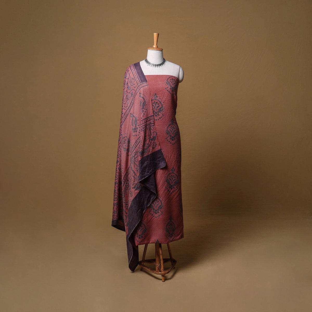 Woolen Ajrakh Hand Block Print Unstitched Dress Material: Kurta, Bottom with Dupatta 41