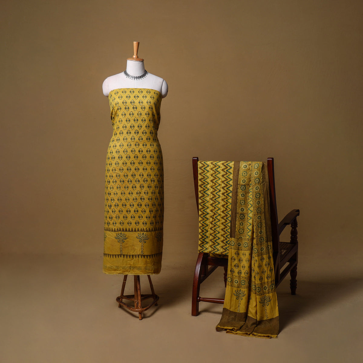 Woolen Ajrakh Hand Block Print Unstitched Dress Material: Kurta, Bottom with Dupatta 44