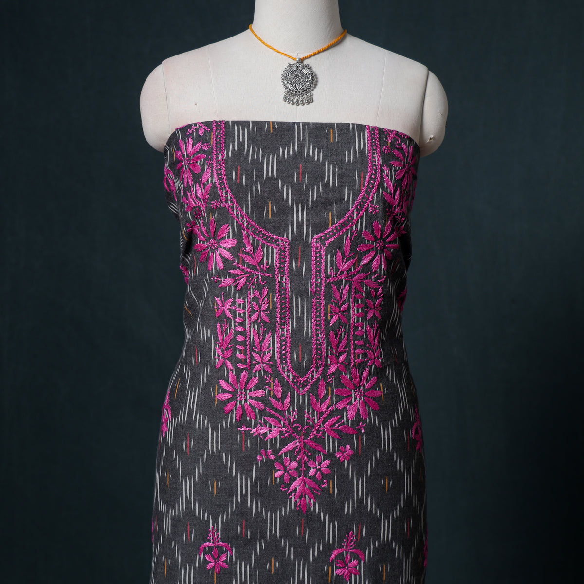 Lucknowi Chikankari Hand Work Unstitched Dress Material: Kurta & Dupatta with Jewellery 60